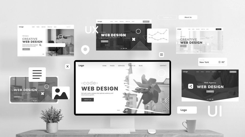 Web,Design,Studio,Concept,Pages,Flying,Around,With, ... Web design studio concept pages flying around with web page modules, showcasing the creative process of building and presenting a portfolio. Ideal image for digital marketing and design inspiration